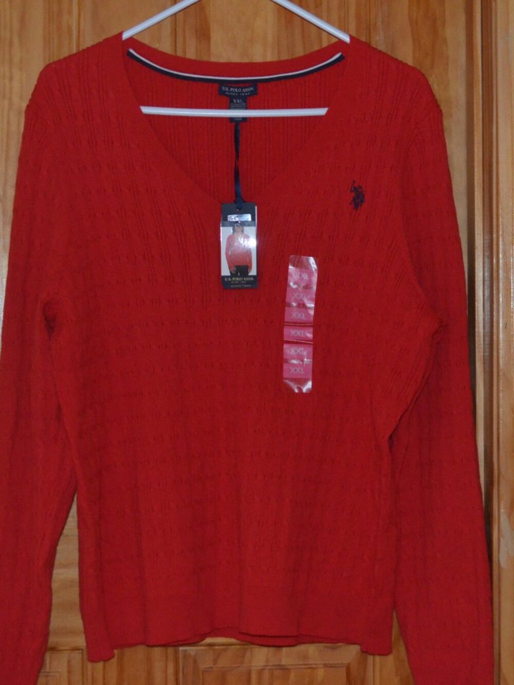 US Polo Assn. V-Neck Sweater Pullover Red Cable Knit Cotton Blend Size XXL New